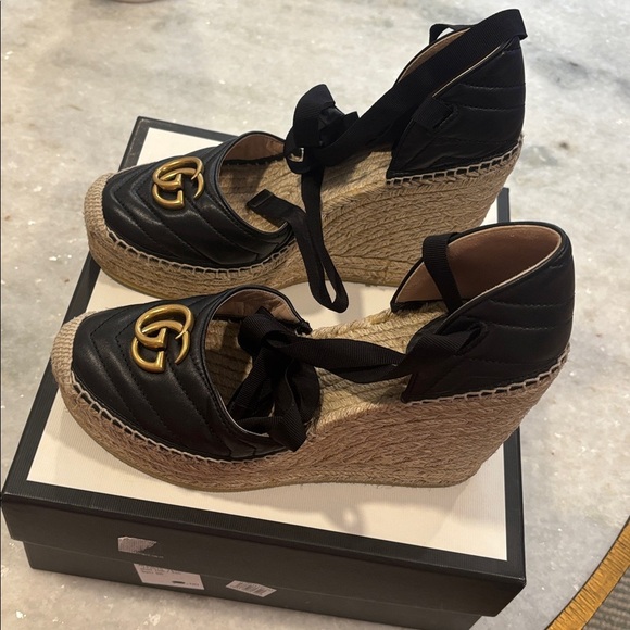 Gucci Shoes - Gucci Black Matelasse Leather GG Marmont Espadrille Ankle-Tie Wedges